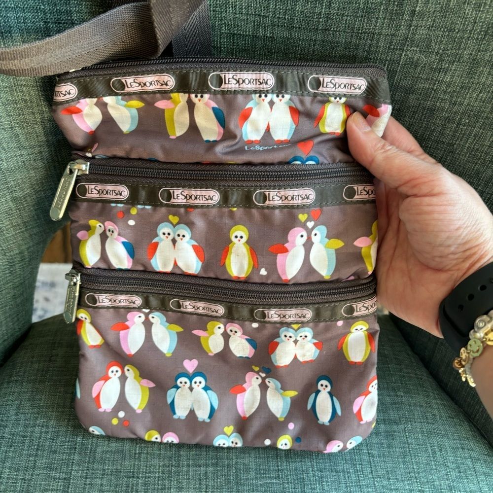 LeSportSac Women Gray Owl cute 3 zip crossbody bag purse - pink blue green GUC!